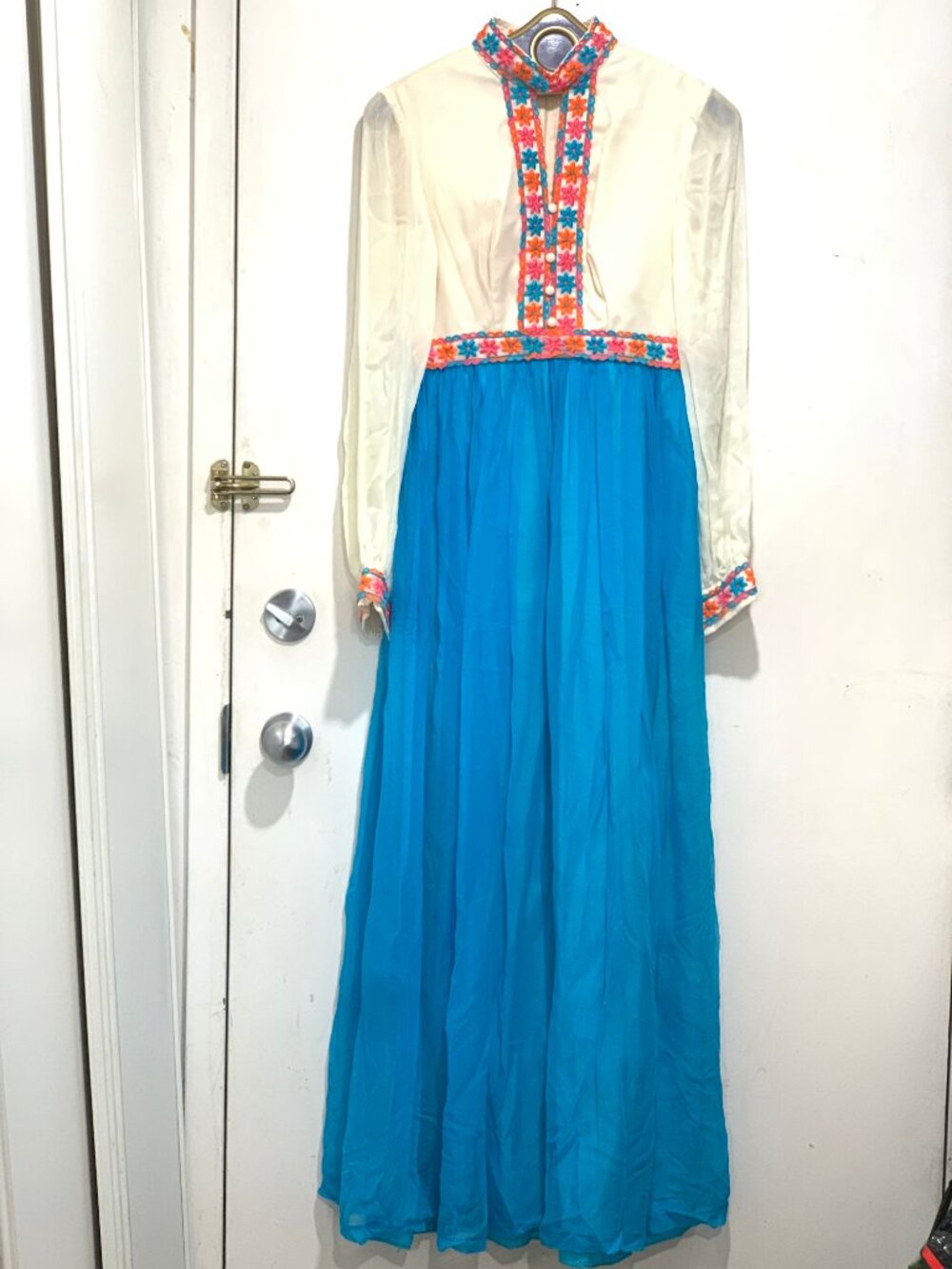 VINTAGE HANDMADE EMBROIDERED TRIM HIGH NECKLINE MAXI DRESSES SIZE XS